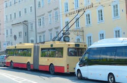 Many trolleys and busses connect to overhead lines or catenaries using an electrically actuated pantograph. Many trolleys and busses connect to overhead lines or catenaries using an electrically actuated pantograph.