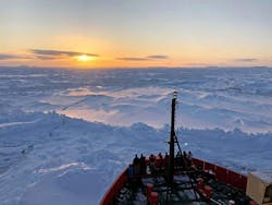 The crew of the research vessel Nathaniel B. Palmer enjoy a Sunday morning sunrise as it moves into the Bellingshausen Sea. The vessel had just participated in the International Thwaites Glacier Collaboration in the Amundsen Sea region and now had to find its way to open waters. The crew of the research vessel Nathaniel B. Palmer enjoy a Sunday morning sunrise as it moves into the Bellingshausen Sea. The vessel had just participated in the International Thwaites Glacier Collaboration in the Amundsen Sea region and now had to find its way to open waters.