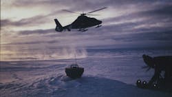 Oceantronic&rsquo;s battery-powered GPS/ice buoy is delivered by helicopter to the Arctic for use in experiments measuring wind, temperature sunlight and ice thickness near the North Pole. The buoy&rsquo;s hybrid lithium pack was redesigned to lower its weight and size.
