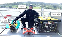 Mobile camera (GoPro3) platforms: the flipper-propelled U-CAT robot (left), human diver and the thruster-driven Argus Mini ROV (right). Mobile camera (GoPro3) platforms: the flipper-propelled U-CAT robot (left), human diver and the thruster-driven Argus Mini ROV (right).