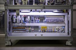 EtherCAT I/O terminals from Beckhoff simplified wiring and decreased electrical component costs by 9% in the redesigned PCB handler. EtherCAT I/O terminals from Beckhoff simplified wiring and decreased electrical component costs by 9% in the redesigned PCB handler.