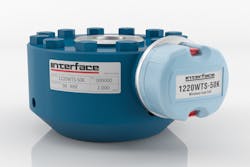1200WTS Series 50k Wireless Load Cell available from Interface sends data up to 600 meters and can handle loads from 300 to 100K lbf (1.5kN to 450kN). It operates for 300 hours on two AAA batteries. 1200WTS Series 50k Wireless Load Cell available from Interface sends data up to 600 meters and can handle loads from 300 to 100K lbf (1.5kN to 450kN). It operates for 300 hours on two AAA batteries.