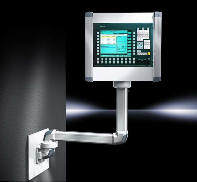 Displays can be mounted from above (CP 120 60 from Rittal) or the side (CP 60). This can help smaller and taller, seated and standing operators use the same displays (at different times).