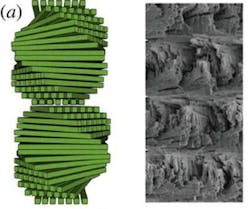 A Bouligand structure consists of layers of intertwined but aligned fibers stacked one atop another but each slightly rotated compared to the layer below and above. A Bouligand structure consists of layers of intertwined but aligned fibers stacked one atop another but each slightly rotated compared to the layer below and above.