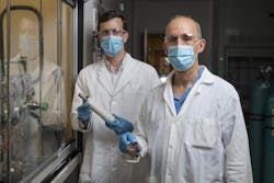 Georgia Tech Associate Professor Ryan Lively shows a module containing the new membrane material which could reduce refine oil while creating fewer carbon emissions and using less energy, while Professor M.G. Finn holds vials containing some of the other polymers used in this study. Georgia Tech Associate Professor Ryan Lively shows a module containing the new membrane material which could reduce refine oil while creating fewer carbon emissions and using less energy, while Professor M.G. Finn holds vials containing some of the other polymers used in this study.