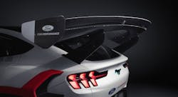 The rear wing on the Mustang helps keep the car glued to the road by providing 2,300 lb of downforce when going 160 mph, its top speed. The rear wing on the Mustang helps keep the car glued to the road by providing 2,300 lb of downforce when going 160 mph, its top speed.