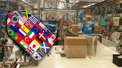 Social distancing on plant floor, with flags Social distancing on plant floor, with flags