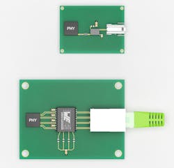 With SPE, the number of passive components on a PCB is considerably reduced. Together with the compact connector, the SPE layout (top) can save up to 75% PCB space, compared to current Ethernet over RJ45, allowing for miniaturization of the supported device.
