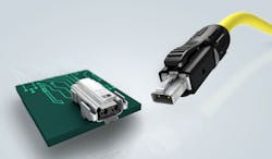 Single Pair Ethernet connectors for industry have a standardized (IEC63171-6) two-pole mating face design based on the Harting T1 Industrial. The socket has a three-dimensional profile on a PCB less than half that of an RJ45.