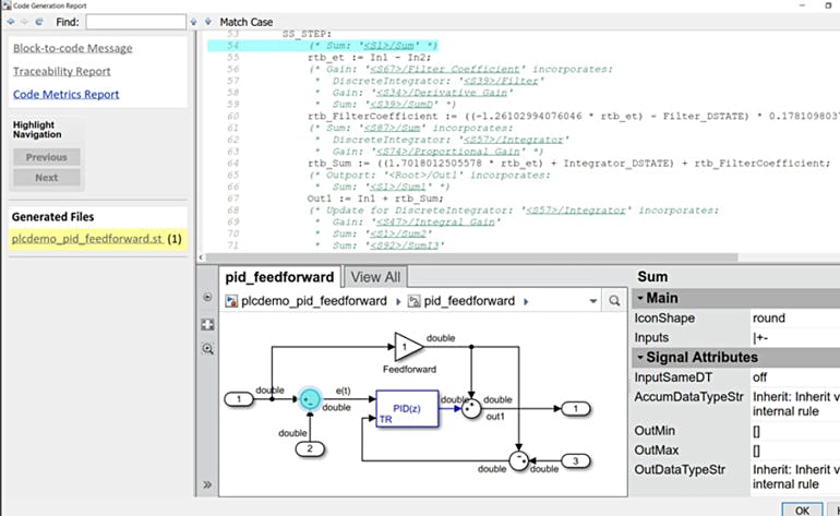 The generated code for the industrial controller traces back to the original Simulink model.