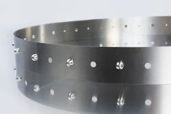 Perforated timing belts are best used for timing applications; they engage timing teeth on a pulley.