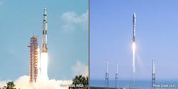 Saturn V rocket Apollo 16 mission in 1972 (left) and Atlas V launch in 2019 (right).