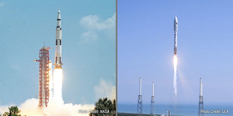 Saturn V rocket Apollo 16 mission in 1972 (left) and Atlas V launch in 2019 (right).