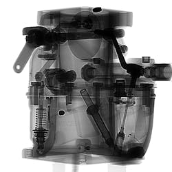 2D projection X-ray image of carburetor generated with YXLON UX20 X-ray system. 2D projection X-ray image of carburetor generated with YXLON UX20 X-ray system.