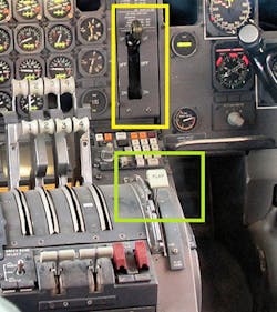 Modern cockpits still have a wheel-shaped landing gear control (yellow highlight) and flap-shaped flap control knobs (green highlight)