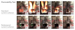 When exposed to open flame, lithium pouch batteries made with commercial current collectors (top) caught fire and burned until all the electrolyte burned away. Batteries with new flame-retardant collectors (bottom) generated weak flames that went out within a few seconds and did not flare up again, even when scientists tried to relight them. When exposed to open flame, lithium pouch batteries made with commercial current collectors (top) caught fire and burned until all the electrolyte burned away. Batteries with new flame-retardant collectors (bottom) generated weak flames that went out within a few seconds and did not flare up again, even when scientists tried to relight them.