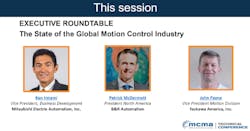 A screenshot of an executive roundtable, &ldquo;The State of the Global Motion Control Industry,&rdquo; at MCMA TechCon.