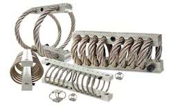 Wire rope isolators have stainless steel cable and RoHS-compliant aluminum retaining bars, which provide excellent vibration isolation. Wire rope isolators have stainless steel cable and RoHS-compliant aluminum retaining bars, which provide excellent vibration isolation.