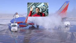Plane being de-iced, with Mohammad Zarifi inset Plane being de-iced, with Mohammad Zarifi inset