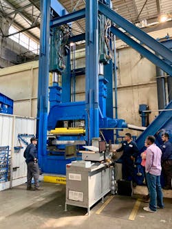 Seismic pendulum bearing under full scale test on a 275-ton hydraulic mount with lateral hydraulic ram. Seismic pendulum bearing under full scale test on a 275-ton hydraulic mount with lateral hydraulic ram.