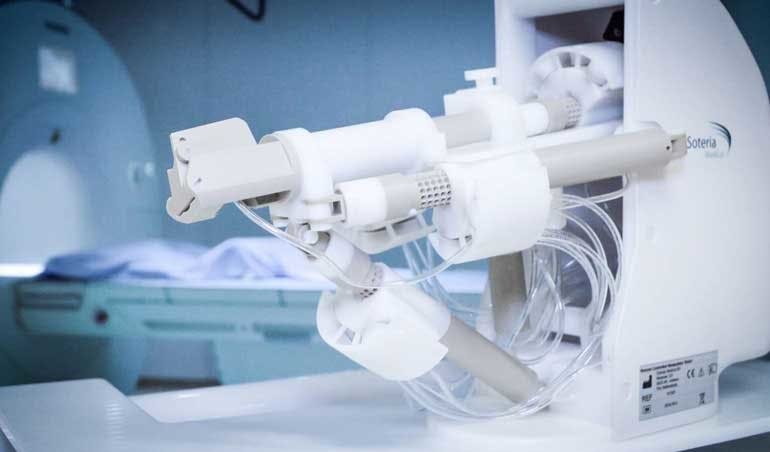 The RCM robot system from Soteria Medical is used inside MRI machines to take biopsies of tumor tissue in a patient&rsquo;s prostate gland. To make the robot free of any metal that would disturb the MRI machine, it uses pneumatic actuators and controls from Festo.