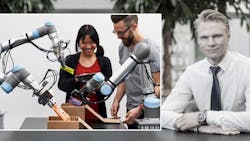 Kim Povlsen, with inset photo of UR robot arm Kim Povlsen, with inset photo of UR robot arm