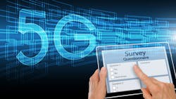 Taking a survey on a tablet, with 5G in the background Taking a survey on a tablet, with 5G in the background