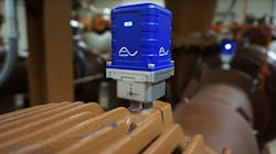 Augury’s hardware, such as this Halo sensor, can be installed on assets and capture vibration, temperature and other data to monitor the state of equipment. Augury’s hardware, such as this Halo sensor, can be installed on assets and capture vibration, temperature and other data to monitor the state of equipment.