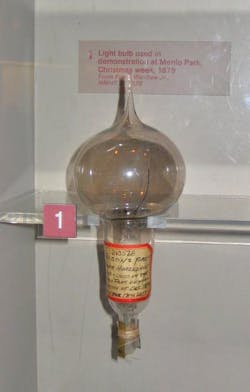 Thomas Edison’s first lightbulb on display at Menlo Park. Thomas Edison’s first lightbulb on display at Menlo Park.