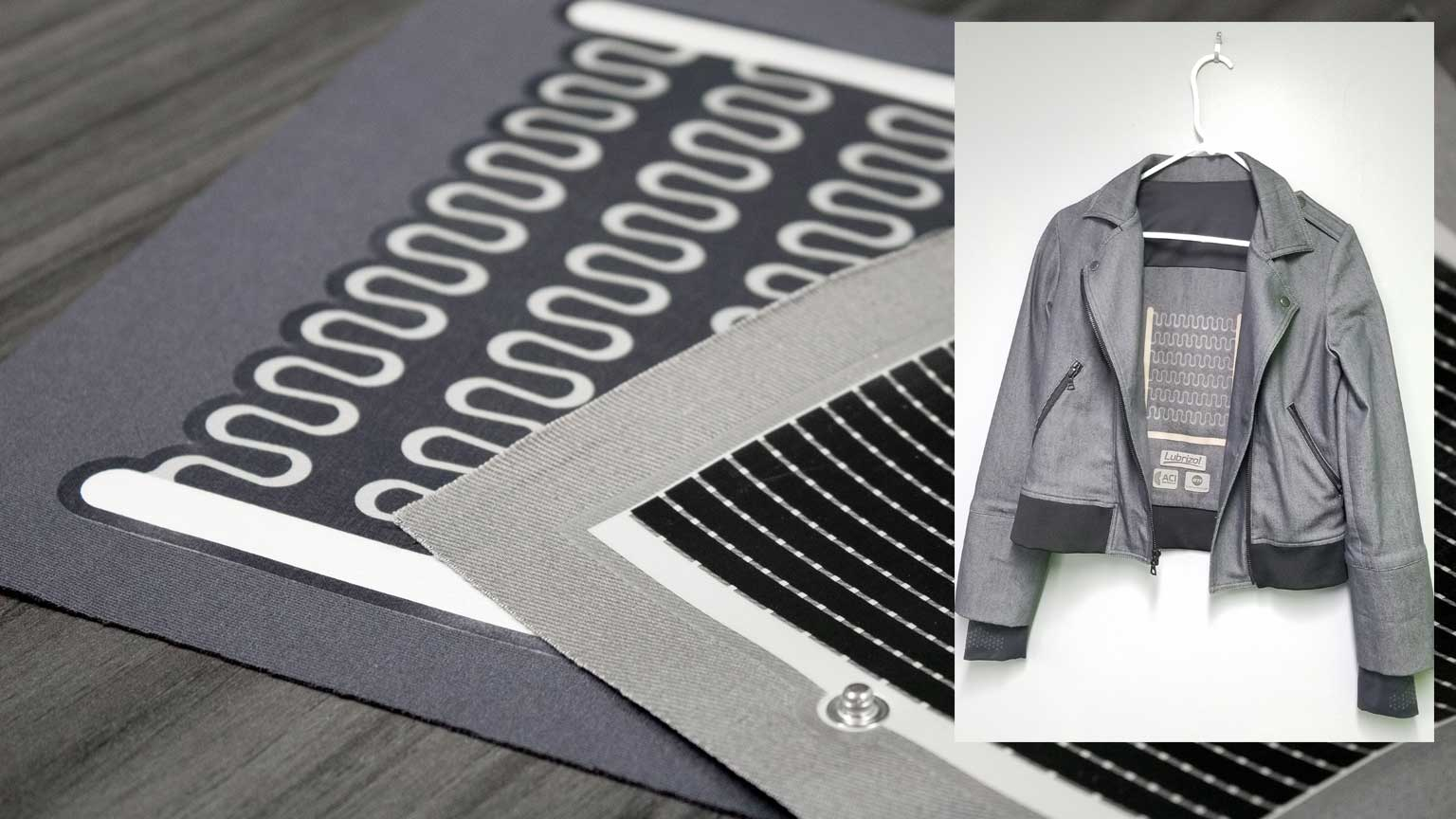 Flexble printed heaters with inset photo of the Multi-Tech Commuter (MTC) Jacket