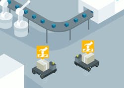 AGVs equipped with smart Micro-Drives avoid collisions with personnel and equipment while shuttling goods around a distribution center. AGVs equipped with smart Micro-Drives avoid collisions with personnel and equipment while shuttling goods around a distribution center.