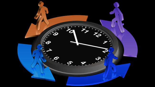 Figures walking around a clock