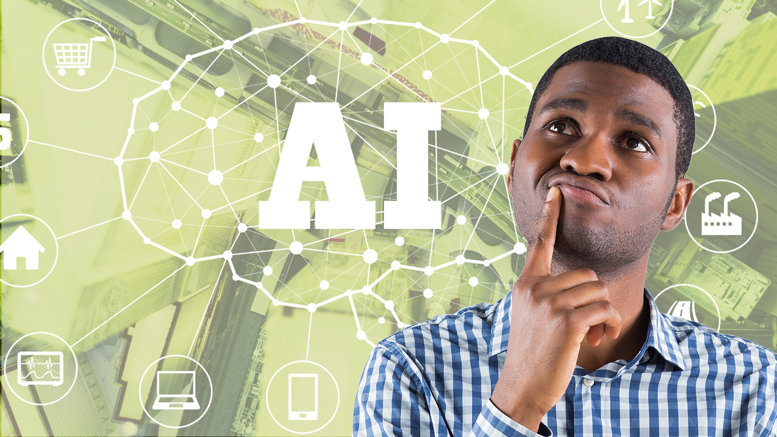 Artist's rendition of a man pondering AI