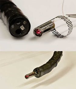1. The steerable laser &ldquo;head&rdquo; (top image, right) fits onto the fiber-optic endoscope (bottom).