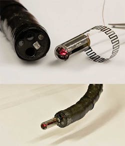 1. The steerable laser “head” (top image, right) fits onto the fiber-optic endoscope (bottom). 1. The steerable laser “head” (top image, right) fits onto the fiber-optic endoscope (bottom).