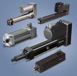 Electric rod actuators come in a variety of shapes, sizes and performance characteristics to fit almost any application. Here are several from Tolomatic, including its (clockwise from top left) ERD, RSA, RSX, IMA and ServoWeld actuators. Electric rod actuators come in a variety of shapes, sizes and performance characteristics to fit almost any application. Here are several from Tolomatic, including its (clockwise from top left) ERD, RSA, RSX, IMA and ServoWeld actuators.