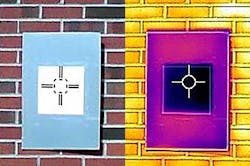 An infrared image (right) shows how a sample of the whitest white paint (left) cools the board below ambient temperature, something not even commercial “heat rejecting” paints can do. An infrared image (right) shows how a sample of the whitest white paint (left) cools the board below ambient temperature, something not even commercial “heat rejecting” paints can do.