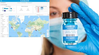 Person holding COVID-19 vaccine vial with inset of Cloudleaf screenshot
