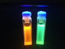 The dye added to the resin system changes color when an alcohol that is released by the resin binds to it. The dye added to the resin system changes color when an alcohol that is released by the resin binds to it.