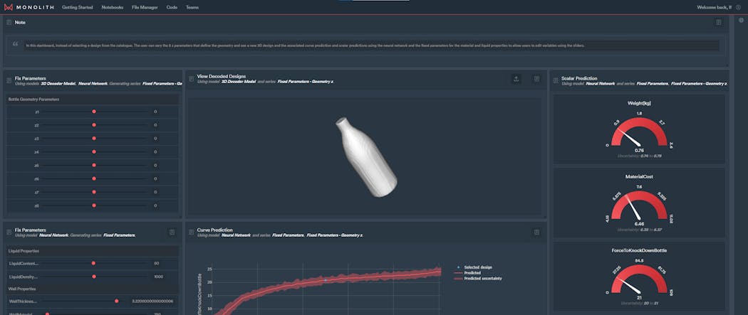 The Monolith AI Dashboard predicts the force needed to knock down a plastic bottle.