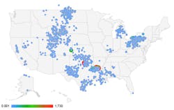 This map shows sites where water used, and sometimes polluted, in mining and petroleum operations can be processed to remove lithium. The concentrations of lithium (expressed as parts per million) in the water at the sites are indicated by their colors. Data is from the U.S. Geological Survey, Produced Water Database. This map shows sites where water used, and sometimes polluted, in mining and petroleum operations can be processed to remove lithium. The concentrations of lithium (expressed as parts per million) in the water at the sites are indicated by their colors. Data is from the U.S. Geological Survey, Produced Water Database.