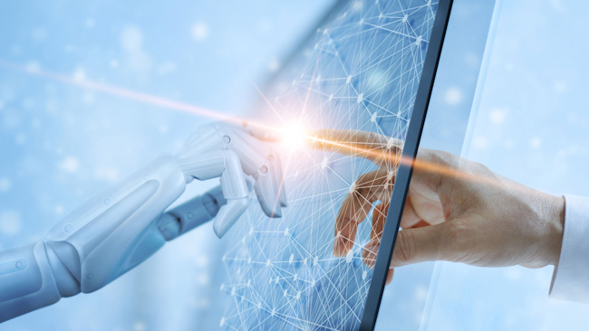 Hands of robot and human touching
