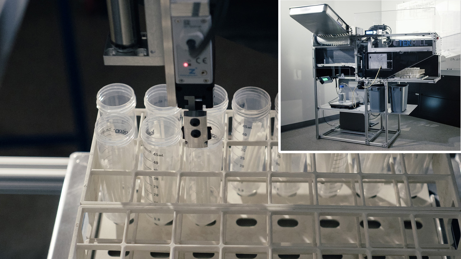 Tubes in a tray, with inset photo of the Tekmill CTF-COV