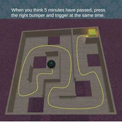 Participants in the study played this maze game both in virtual reality and on conventional monitors. The superimposed yellow line, which was not shown to participants, illustrates the path to the goal. Participants in the study played this maze game both in virtual reality and on conventional monitors. The superimposed yellow line, which was not shown to participants, illustrates the path to the goal.