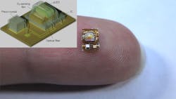 Sensor on fingertip for scale, with inset photo of sensor schematic Sensor on fingertip for scale, with inset photo of sensor schematic