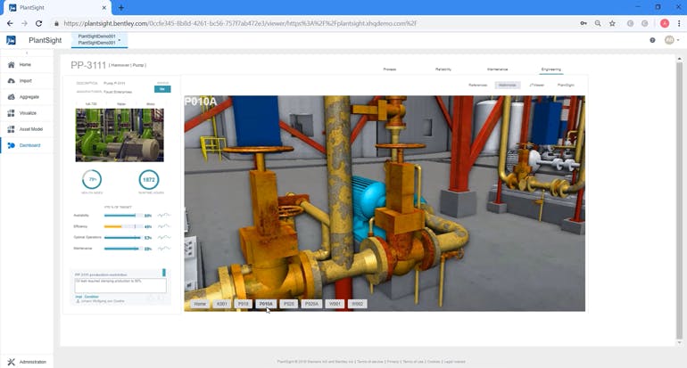 PlantSight software harness engineering information from P&amp;IDs, 3D models and Excel to create visual representations such as the operator&rsquo;s view of a pump.
