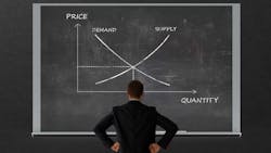 Man contemplating supply and demand on a blackboard Man contemplating supply and demand on a blackboard