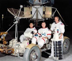 Apollo 15 astronauts James Irwin, left, David Scott and Alfred Worden pose by a mockup of the Lunar Roving Vehicle. A mockup of the Lunar Module is in the background. Apollo 15 astronauts James Irwin, left, David Scott and Alfred Worden pose by a mockup of the Lunar Roving Vehicle. A mockup of the Lunar Module is in the background.
