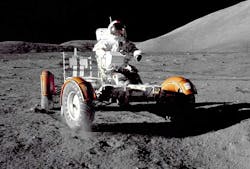 Astronaut Eugene A. Cernan took a quick spin in the LRV to check it out at the Taurus-Littrow landing site on the Apollo 17 mission. The LRV is stripped down at this point. Equipment later loaded onto the LRV included the ground-controlled television, the lunar communications relay unit, a high-gain and a low-gain antenna, an aft tool pallet, lunar tools and scientific gear. Astronaut Eugene A. Cernan took a quick spin in the LRV to check it out at the Taurus-Littrow landing site on the Apollo 17 mission. The LRV is stripped down at this point. Equipment later loaded onto the LRV included the ground-controlled television, the lunar communications relay unit, a high-gain and a low-gain antenna, an aft tool pallet, lunar tools and scientific gear.