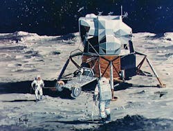 This rendering shows an early version of the planned process for releasing the LRV from the lunar lander. It differs somewhat from the process actually used. For example, in the illustration, the rover faces away from the lunar module. In reality, it would be deployed facing the module. This rendering shows an early version of the planned process for releasing the LRV from the lunar lander. It differs somewhat from the process actually used. For example, in the illustration, the rover faces away from the lunar module. In reality, it would be deployed facing the module.